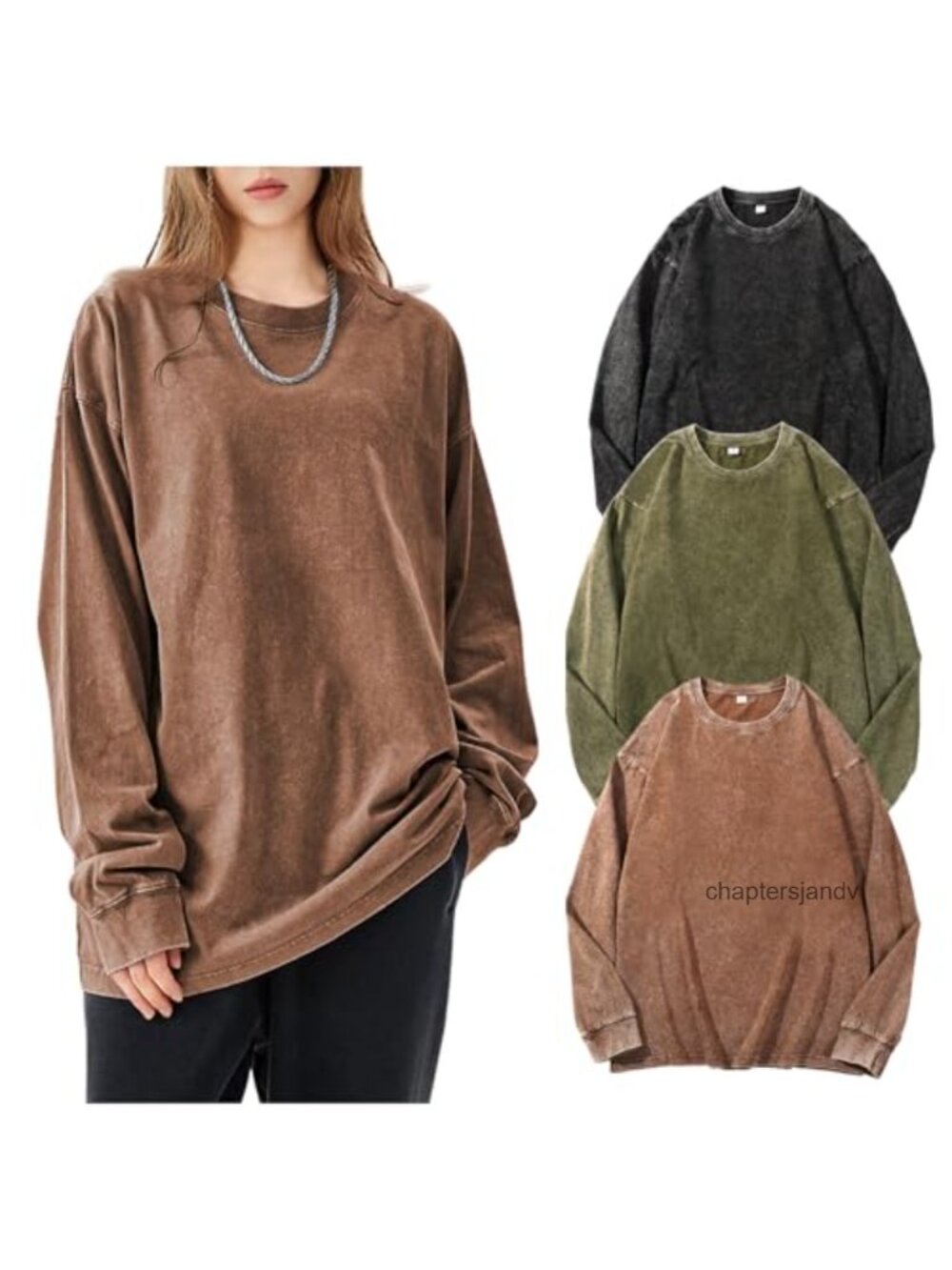 Oversized Long Sleeve Acid Wash T-Shirt 100% Cotton Drop Shoulder Crew Neck